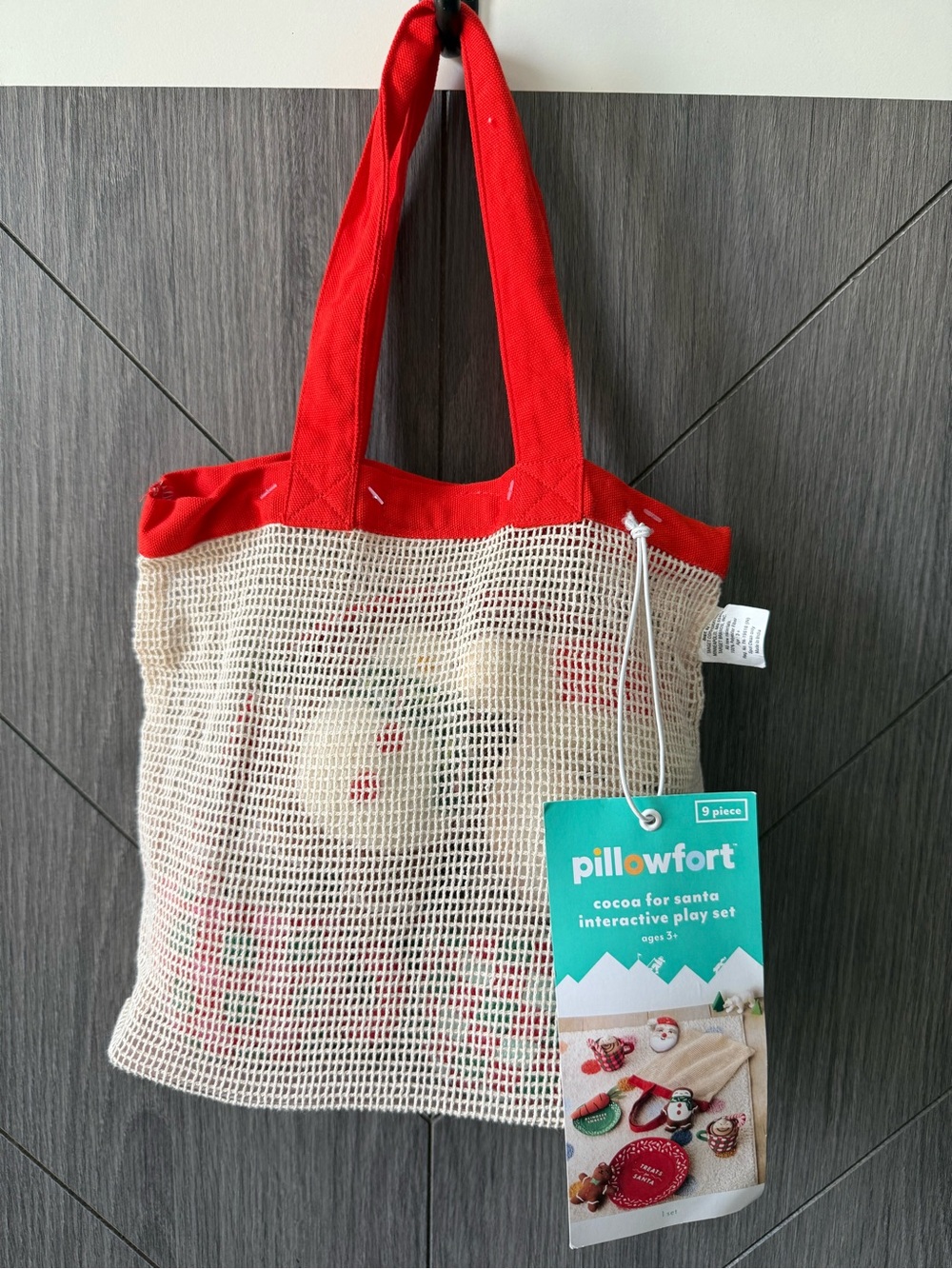 Pillowfort Cocoa for Santa Interactive Play Set in Red-Trim Mesh Tote Bag
